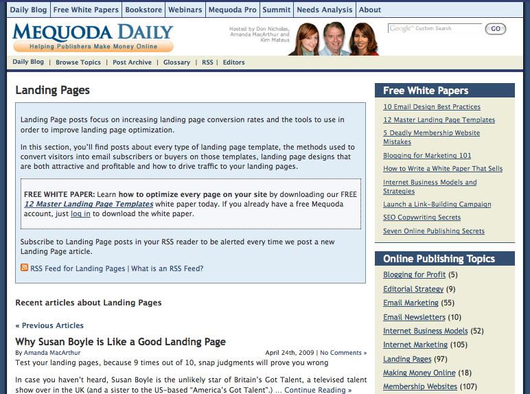 Mequoda Topic Landing Page