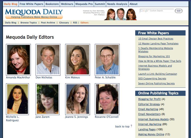 Mequoda.com Author Index Landing Page