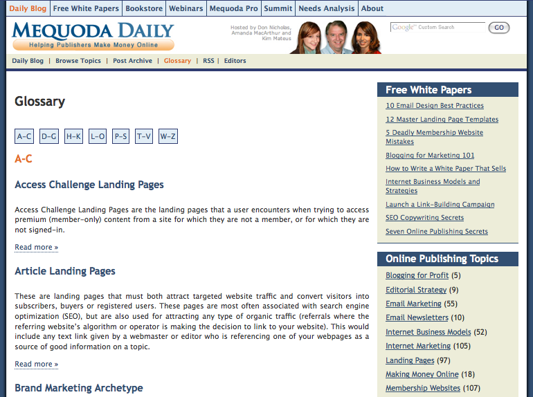 Mequoda.com Glossary Landing Page