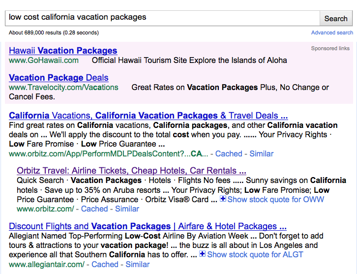 Google search for "low cost California vacation packages"