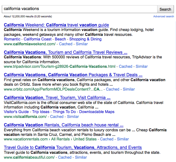 Google search "California vacations"