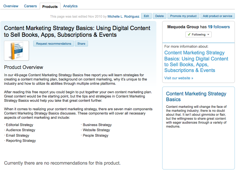 Linkedin Product Page for Content Marketing Strategy Basics