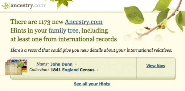 Contextual Email Alert from Ancestry.com