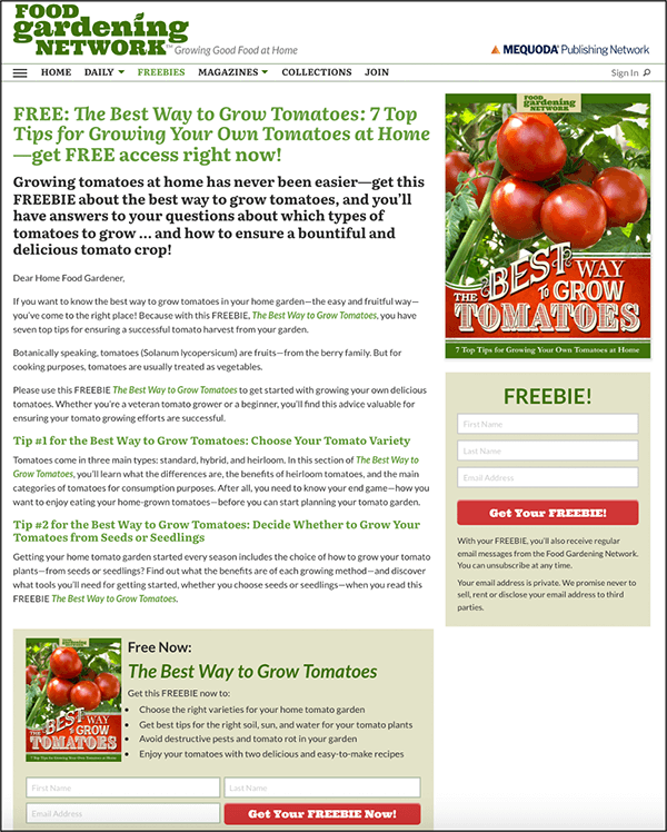 Food Gardening Network landing page copy
