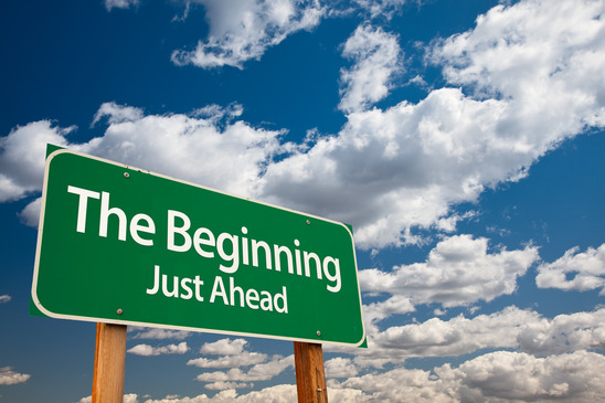 the beginning just ahead green road sign with copy room over the