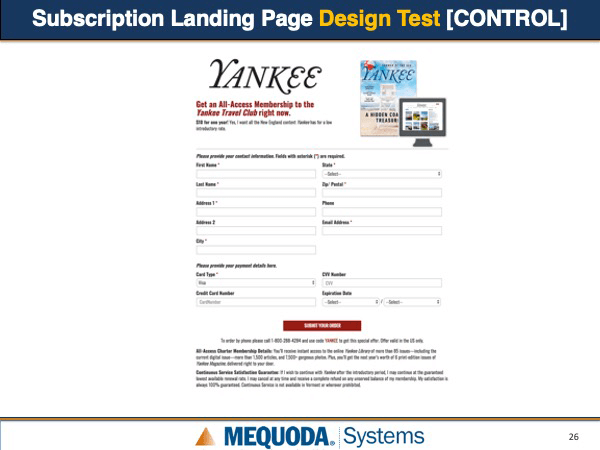 Subscription Landing Page Design Test Control